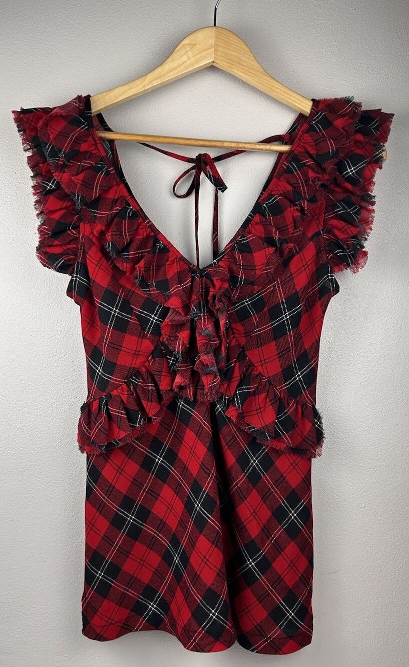 Ralph Lauren Denim & Supply Red black Tartan Plaid Top ruffle Sleeve M